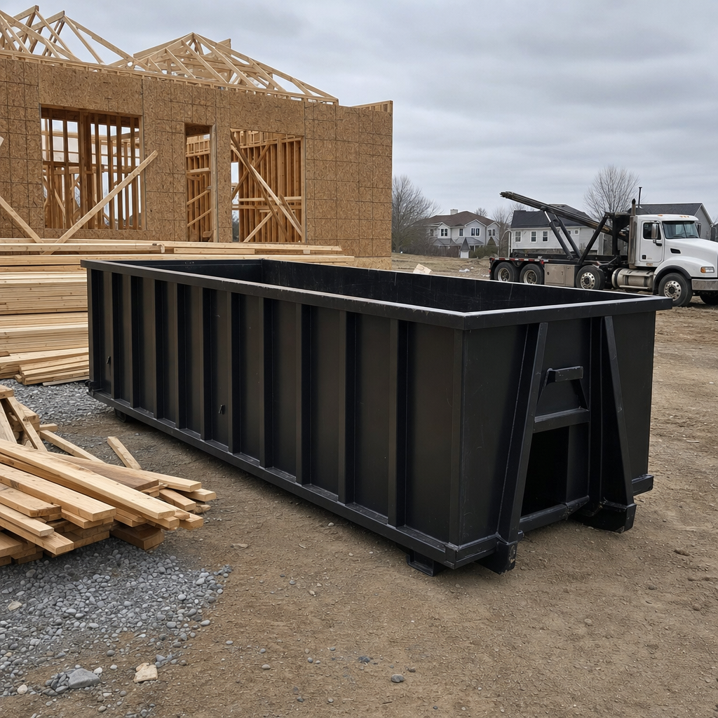 Matte-black 40-yard roll-off dumpster staged on a framed-out residential construction site in Reno, framing lumber stacked nearby, hooklift delivery truck visible in the background under bright Colorado daylight