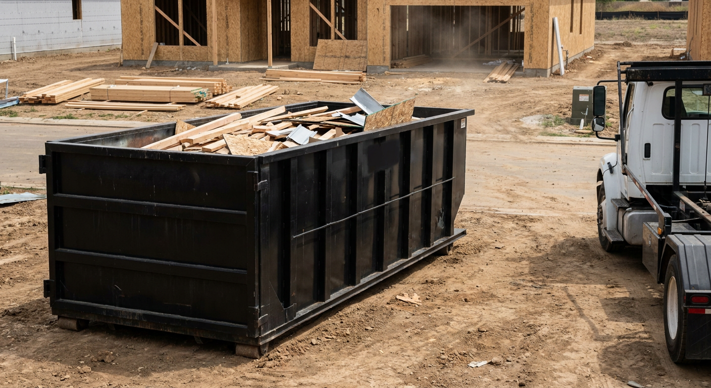 Matte-black 20-yard roll-off construction dumpster with heavy ribbed steel sidewalls and swing rear doors at a working jobsite in Reno, sitting directly on compacted dirt with an unmarked white hauler partially visible at the far edge of the frame.