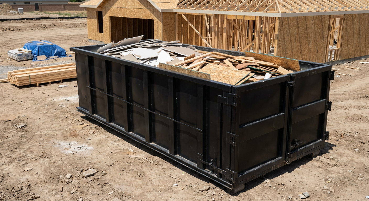 Matte-black 30-yard roll-off construction dumpster sitting directly on the compacted-dirt site of a framed single-family home build in Reno, drywall and lumber scrap loaded inside.