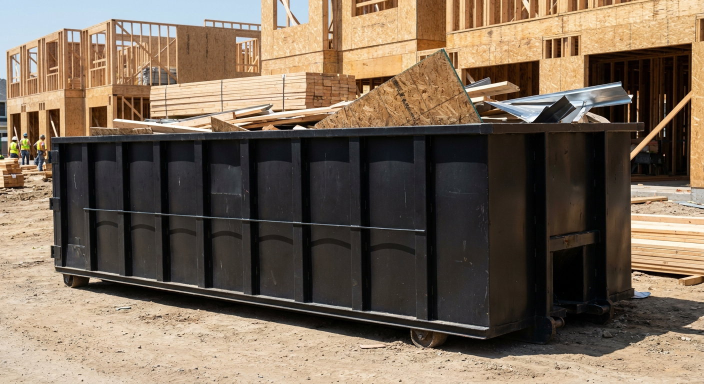 Matte-black 40-yard roll-off construction dumpster being lowered from a white-cab hooklift delivery truck onto the compacted-dirt jobsite at a commercial build site in Reno