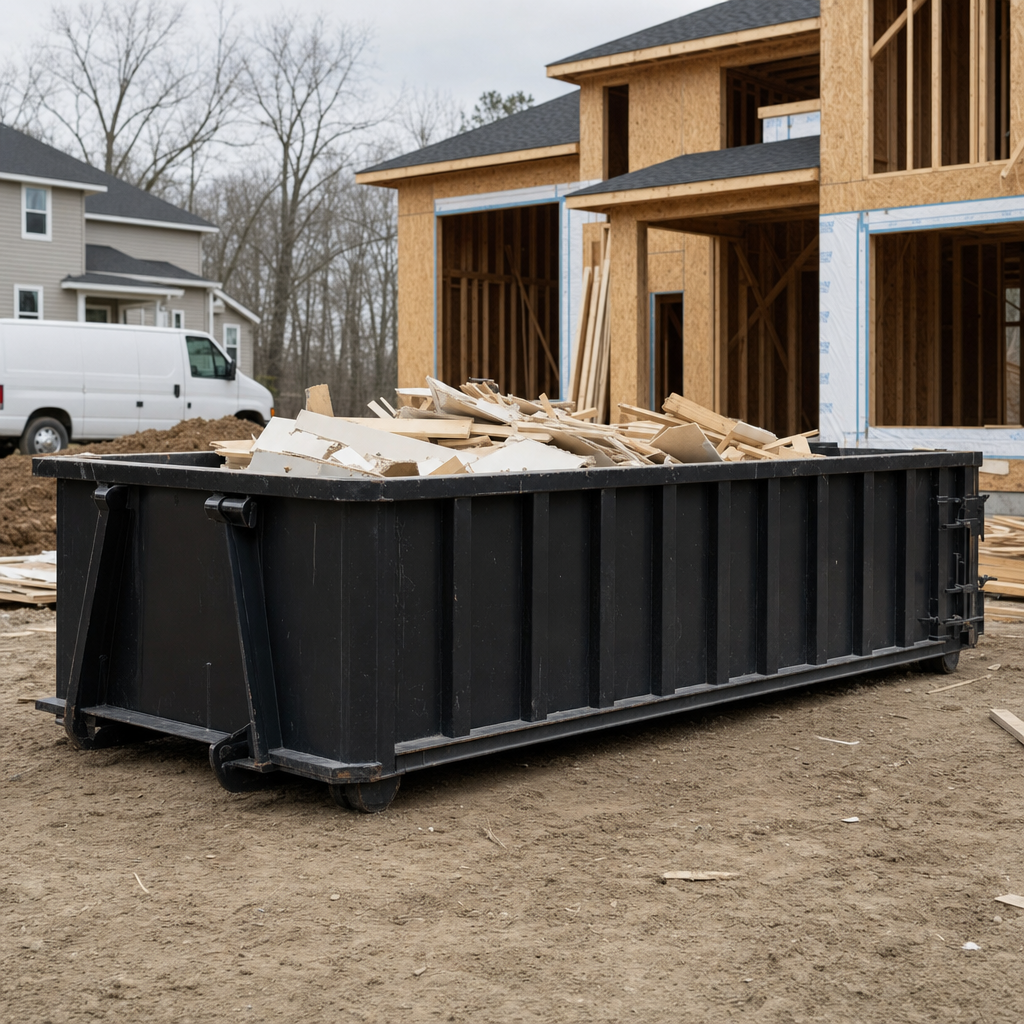 Worker in a yellow high-visibility vest tossing framing lumber and broken drywall into a matte-black 30-yard construction roll-off dumpster on an active build site in Reno, bright daylight