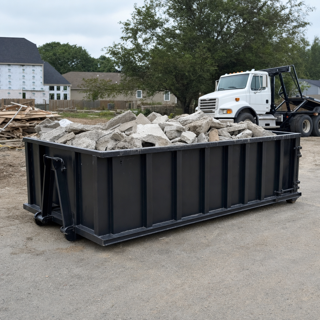 Low-profile matte-black lowboy roll-off dumpster loaded with broken concrete slab and rebar at a foundation tear-out in Reno, skid steer parked beside it, sunny Colorado morning