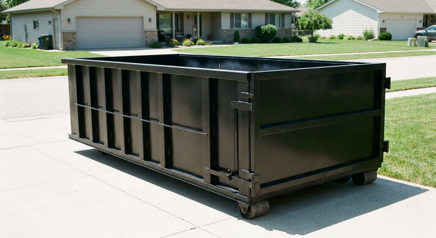Matte-black 10-yard roll-off dumpster on a residential concrete driveway in Reno, uniformly painted matte black across every panel and rail, ribbed steel sidewalls and rear swing door visible, mid-day daylight.