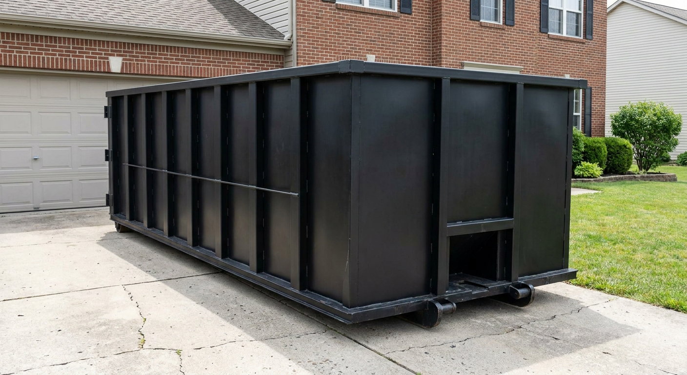 Matte-black 20-yard roll-off container on a Reno residential concrete driveway with reinforced ribbed steel sidewalls and a hinged rear walk-in door, clean bright daylight.