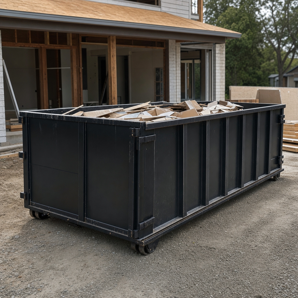Large matte-black 30-yard construction roll-off dumpster at an active Reno jobsite, steel-gray top rails and bottom rollers visible, loaded with construction debris.