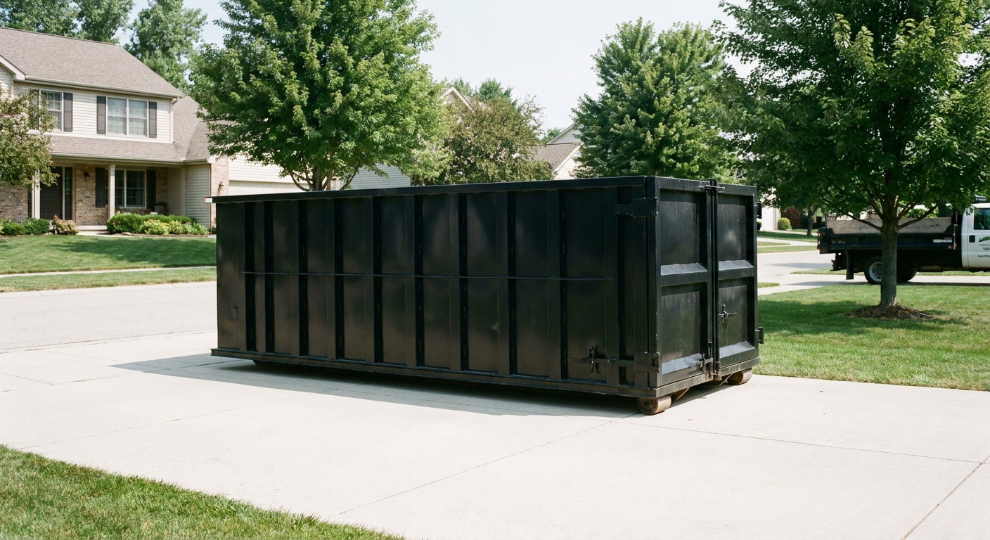 Matte-black 20-yard roll-off dumpster sitting level on a clean Reno residential concrete driveway under bright daylight, demonstrating clean placement directly on the concrete.