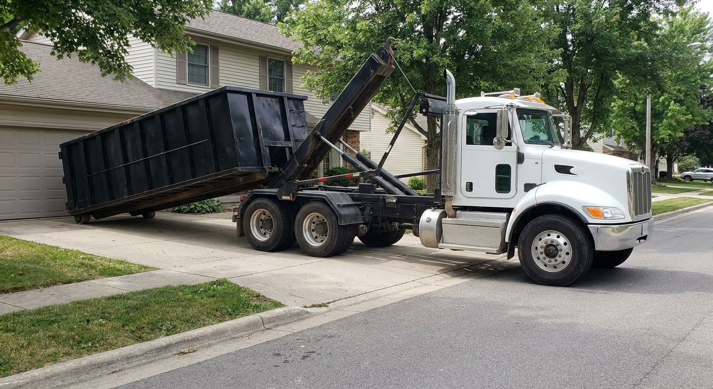White-cab hooklift roll-off truck actively lowering a matte-black dumpster onto a Reno residential concrete driveway, the dumpster's rear wheels touching the driveway as the hoist arm tilts the bed forward, mid-morning daylight.