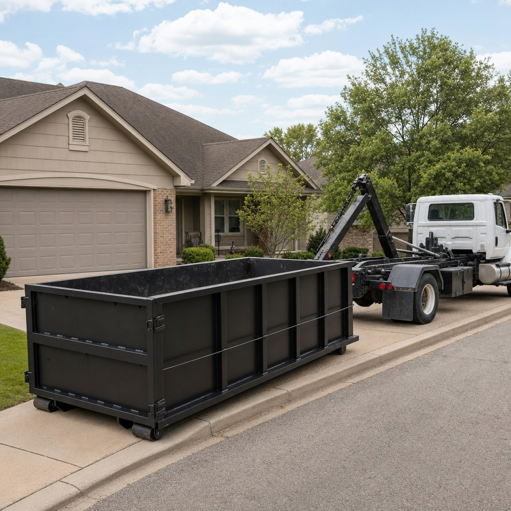 Wide documentary shot of a matte-black roll-off dumpster on a Reno residential driveway in the foreground and a contractor jobsite container in the soft-focus background, bright daylight, calm and orderly composition.