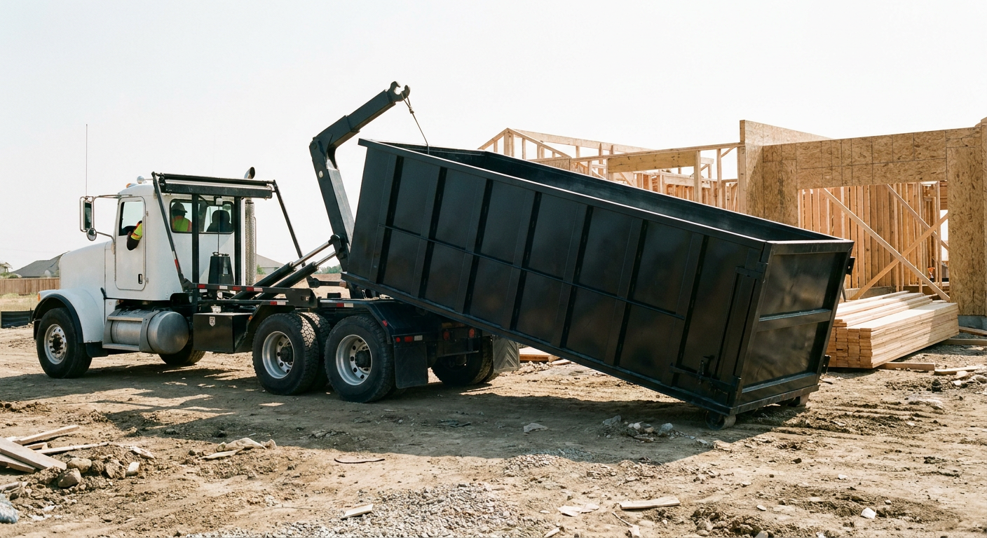 Matte-black roll-off dumpster being delivered onto a clean residential concrete driveway in Reno by an unmarked white hooklift hauler truck, bright morning daylight, documentary 35mm perspective.