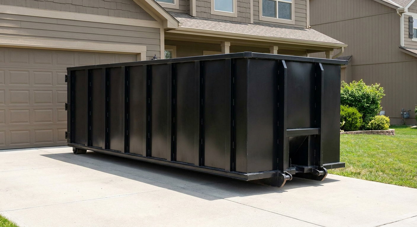 Matte-black residential roll-off dumpster sitting directly on a suburban Reno concrete driveway, garage door closed, single-family home in background, bright morning daylight.