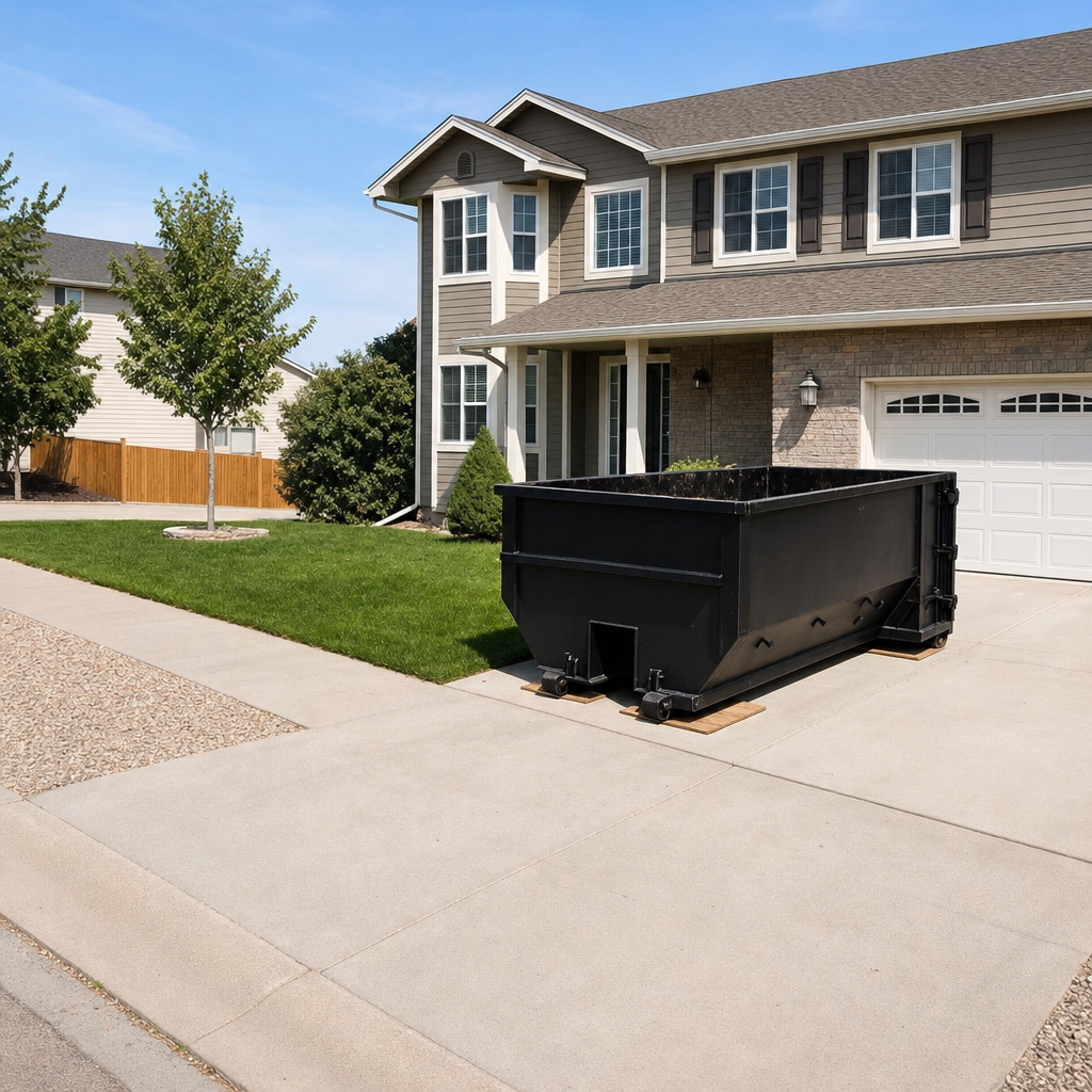 10-yard matte-black residential dumpster placed directly on a narrow Reno concrete driveway, room remains for a parked sedan beside it, mid-morning natural light