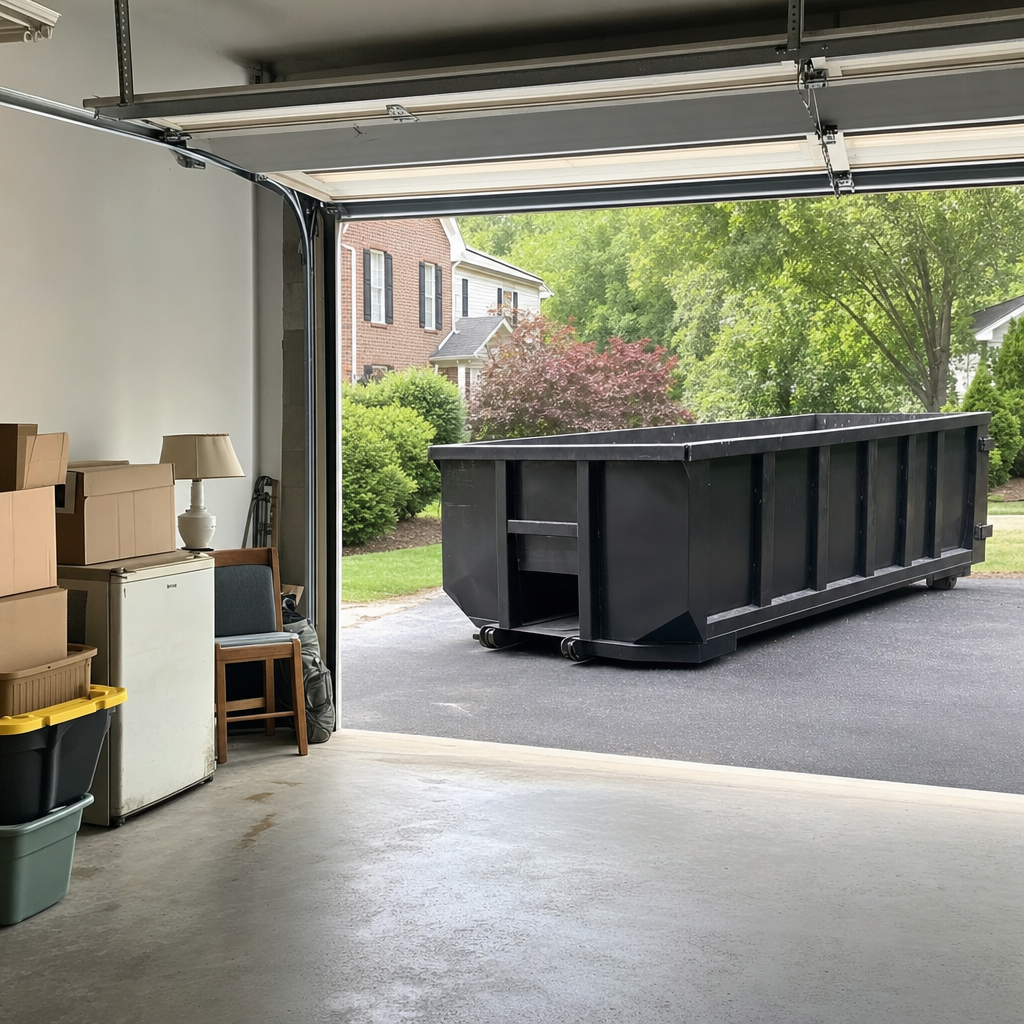 Open garage interior in a Reno home mid-cleanout — boxed items, an old appliance, and stacked yard tools queued near the driveway for a matte-black roll-off dumpster, organized and calm