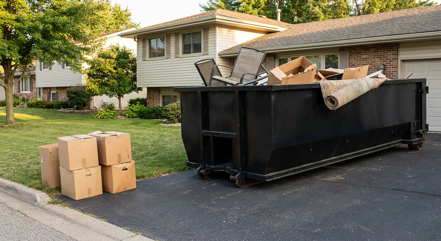 Front-yard view of a Reno split-level home with a 20-yard matte-black roll-off dumpster sitting directly on the asphalt driveway, a few clearly labeled donation boxes staged at the curb, calm sunny afternoon.
