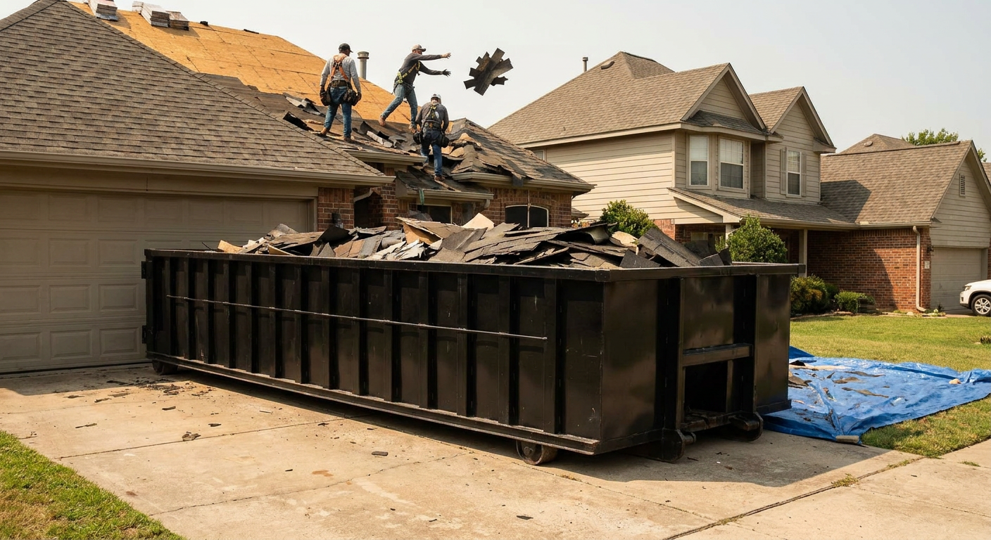 Matte-black roofing roll-off dumpster placed directly on a Reno residential concrete driveway, a tear-off crew on a two-story asphalt-shingle roof tossing shingle bundles into the low-walled container, bright daylight, documentary 35mm perspective.
