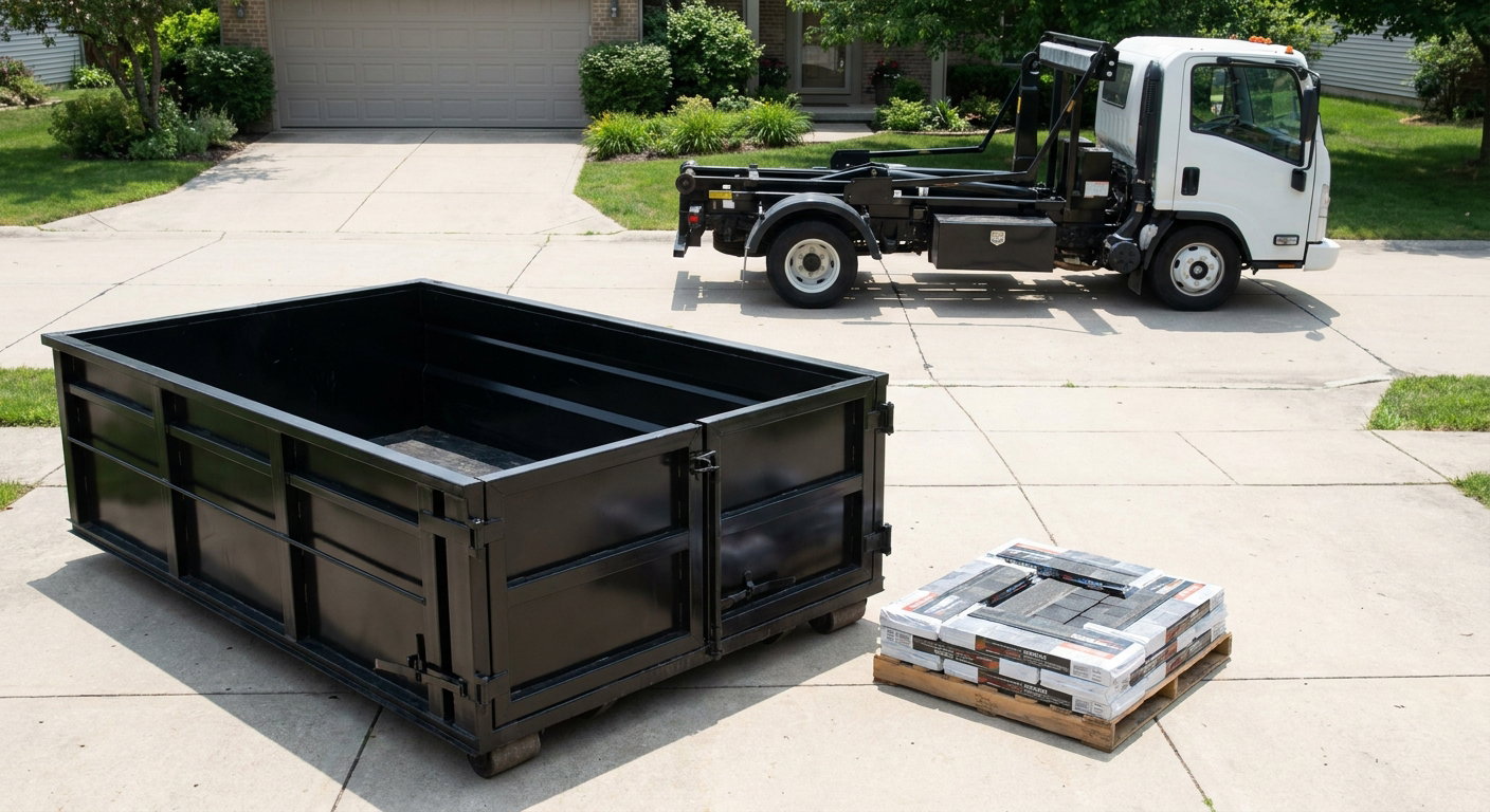 Matte-black 15-yard roofing roll-off dumpster with reinforced low side walls sitting directly on a Reno residential concrete driveway, three-tab asphalt shingle bundles stacked nearby, an unmarked white hauler truck partially visible at the edge of the frame.