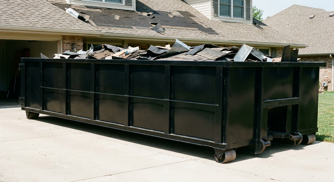 Matte-black 20-yard roofing roll-off dumpster with steel ribbed sides and swinging rear door, sitting directly on the concrete driveway of a two-story Reno home, asphalt shingle debris being loaded over the low wall, clean documentary lighting.