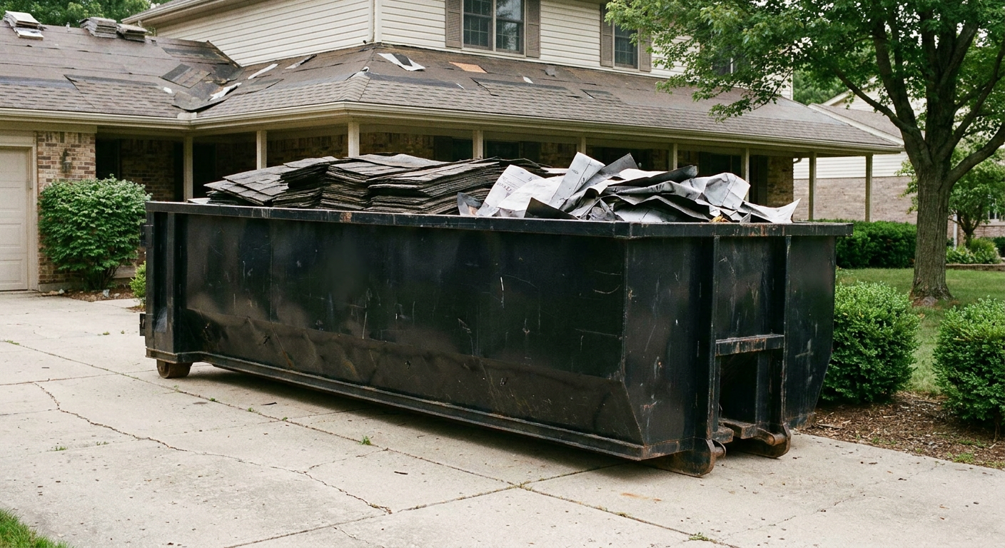 Matte-black 30-yard roofing roll-off dumpster sitting directly on a Reno concrete driveway, taller ribbed steel side panels, mixed tear-off debris of asphalt shingles and underlayment inside, professional documentary daylight.