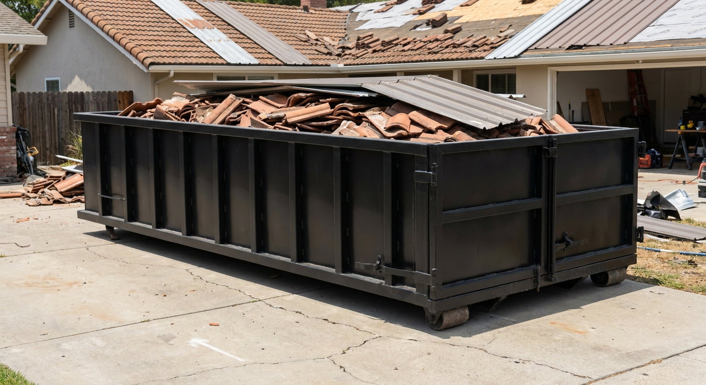 Matte-black low-wall heavy-debris roofing roll-off dumpster sitting directly on a Reno concrete driveway, broken concrete clay roof tiles and metal panel sections loaded inside, reinforced ribbed steel side walls visible, bright outdoor daylight.