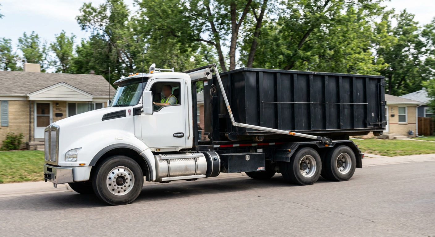 A wide documentary shot of a matte-black roll-off delivery truck pulling onto a quiet Reno residential street at mid-morning, with neighborhood rooftops and tree-lined blocks visible behind, showing the metro coverage footprint.