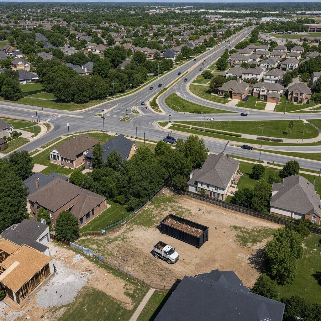 An overhead documentary view of the Reno metro area at midday, showing the spread of neighborhoods, arterial roads, and the dispatch radius from a central yard — clean daylight, organized geographic layout.