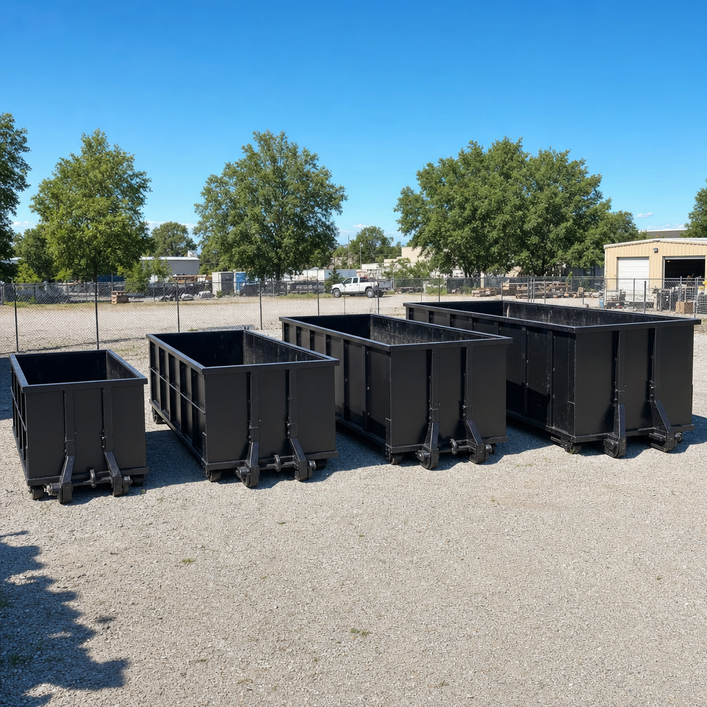 A clean lineup of matte-black roll-off dumpsters in 10, 20, 30, and 40-yard sizes staged on a sunlit gravel yard in Reno, showing the size progression from compact to commercial-scale containers.