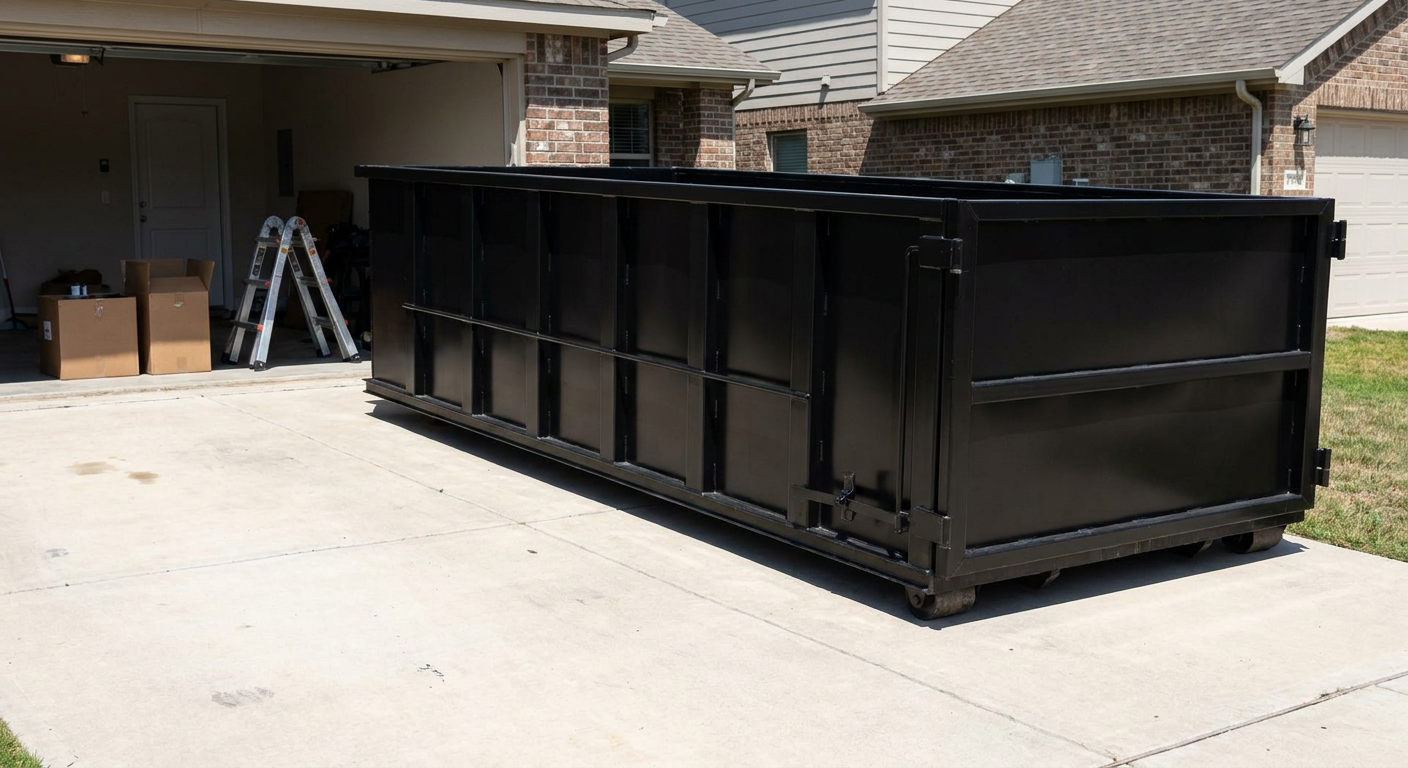 A matte-black 10-yard roll-off dumpster sitting directly on a residential Reno concrete driveway, mid-day sunlight, clean and ready for a garage cleanout.