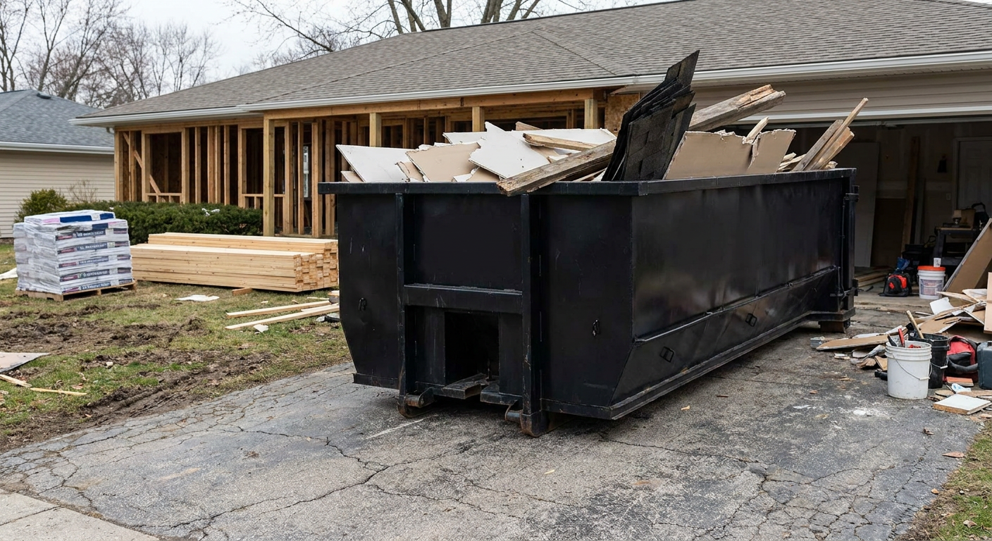A matte-black 20-yard roll-off dumpster placed alongside a mid-renovation Reno home directly on the asphalt driveway, with framing materials and torn-off shingles staged neatly nearby.
