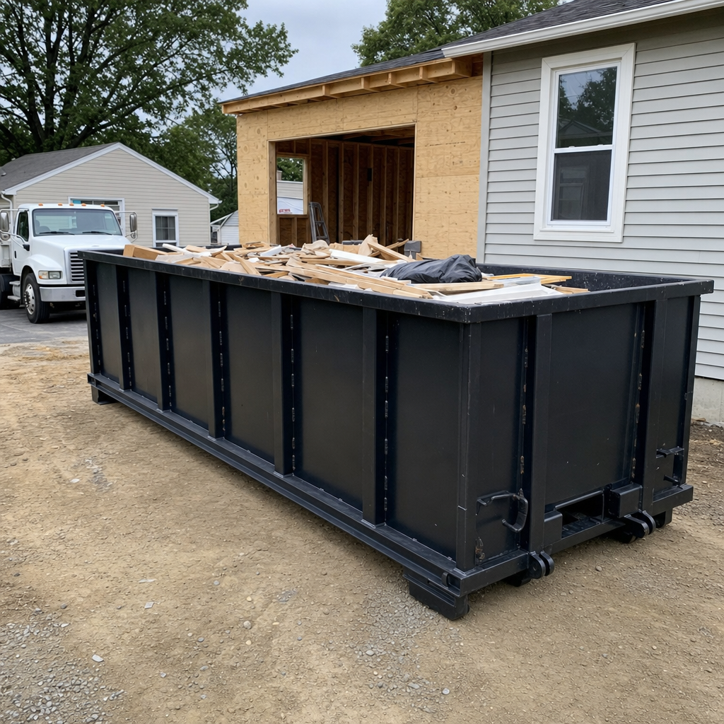 A matte-black 30-yard roll-off dumpster positioned at a Reno residential addition jobsite, with framing lumber and drywall scraps loaded through the open swinging rear doors.