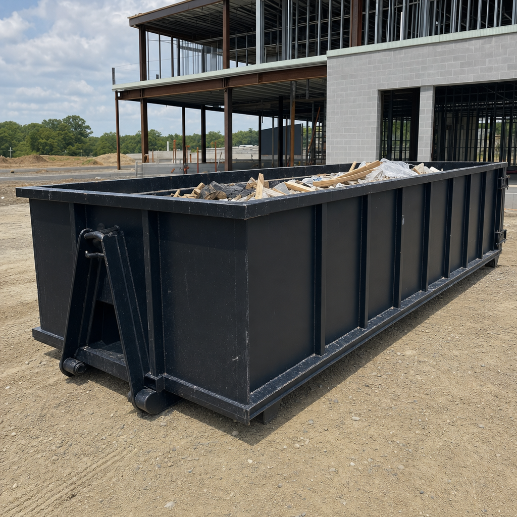 A matte-black 40-yard roll-off dumpster staged on a large Reno commercial construction lot, with a hooklift delivery truck parked alongside under bright midday sky.