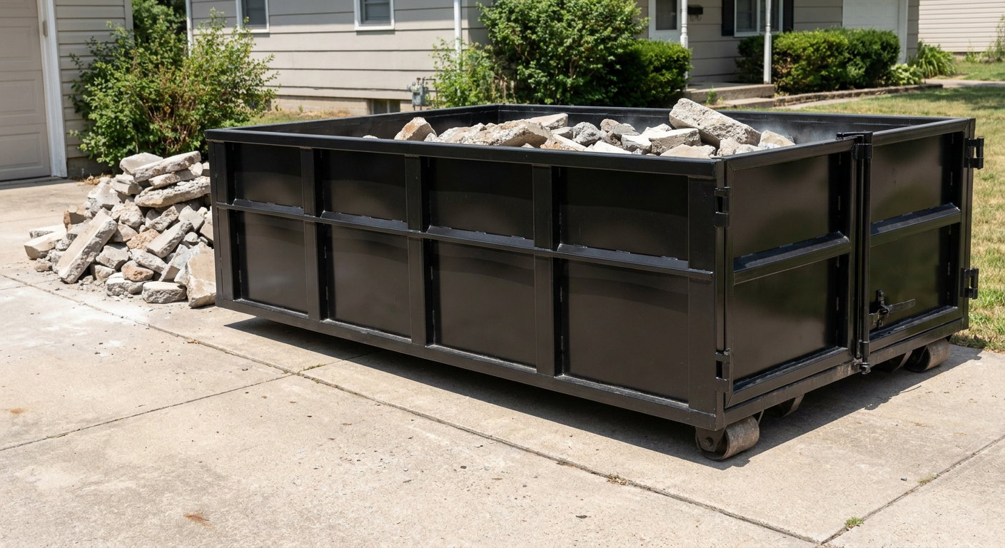 A matte-black low-side heavy-debris roll-off dumpster placed directly on a Reno concrete driveway, with broken concrete chunks neatly stacked beside it under clean daylight.
